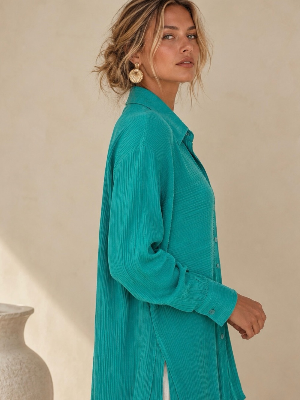 Vintage Diane Gilman Collection Teal 100% Silk Pleated Collared Blouse Size LG - Picture 11 of 11